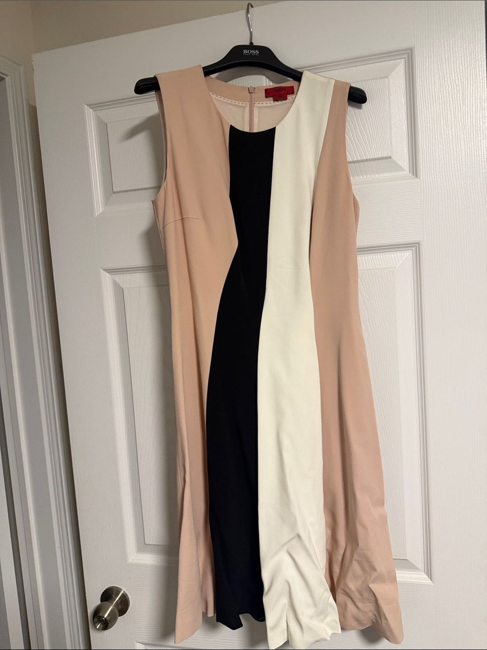 HUGO Black, Cream & Beige Sleeveless Colorblock Midi Dress